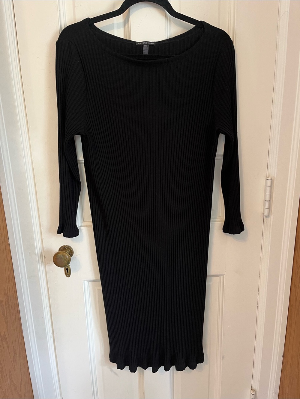 Eileen Fisher Black Ribbed Midi Dress Medium Tencel Lyocell Made in USA Ruffle